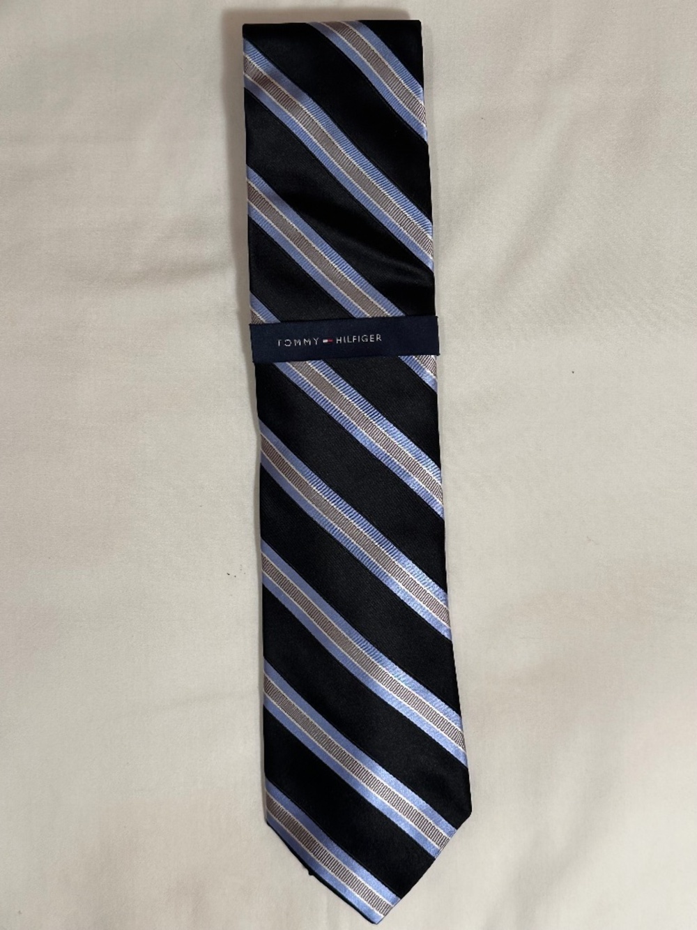 Tommy Hilfiger black with light blue/silver stripes tie